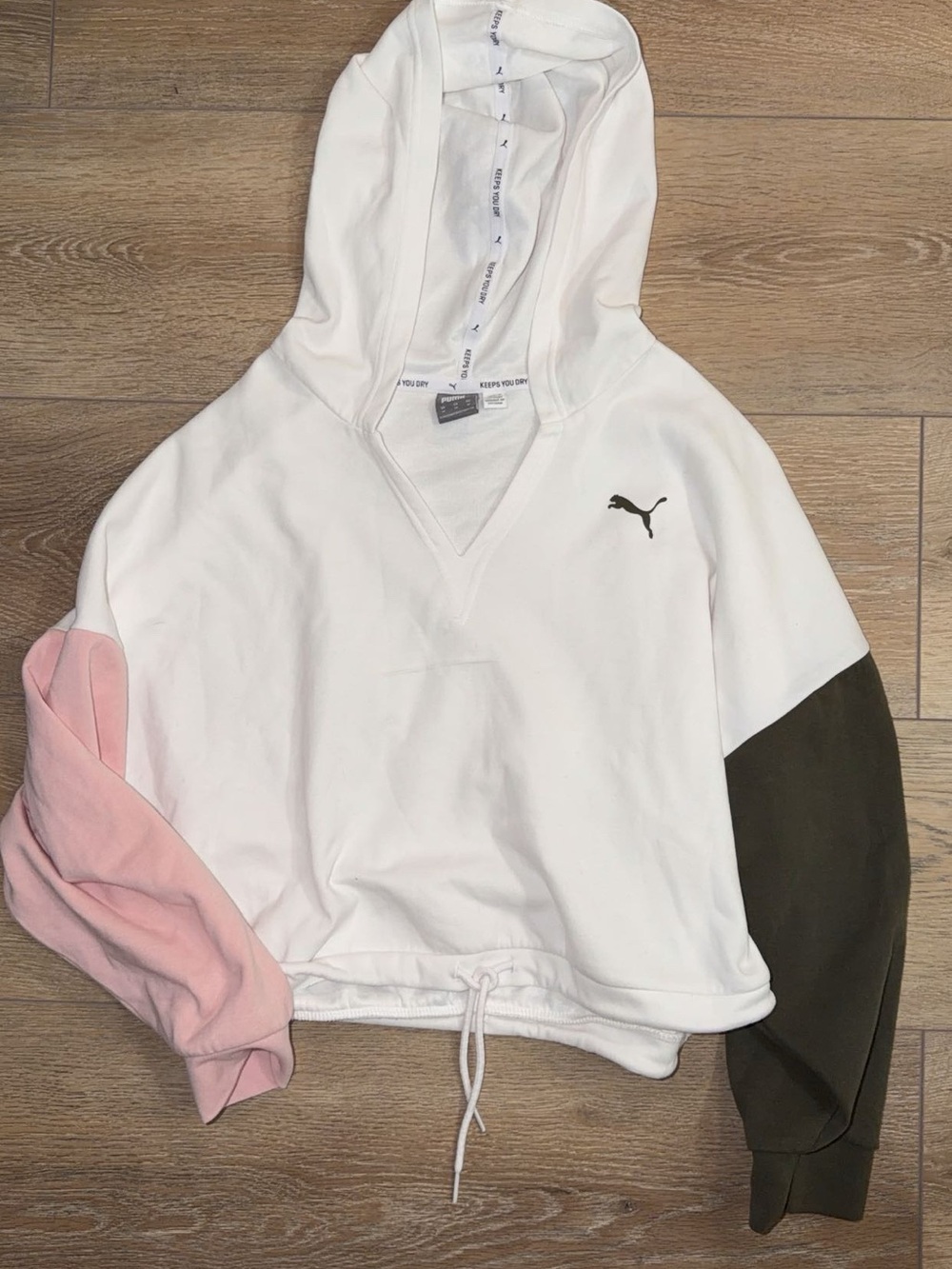 Puma White Hoodie with Pink and Olive Colorblock Sleeves